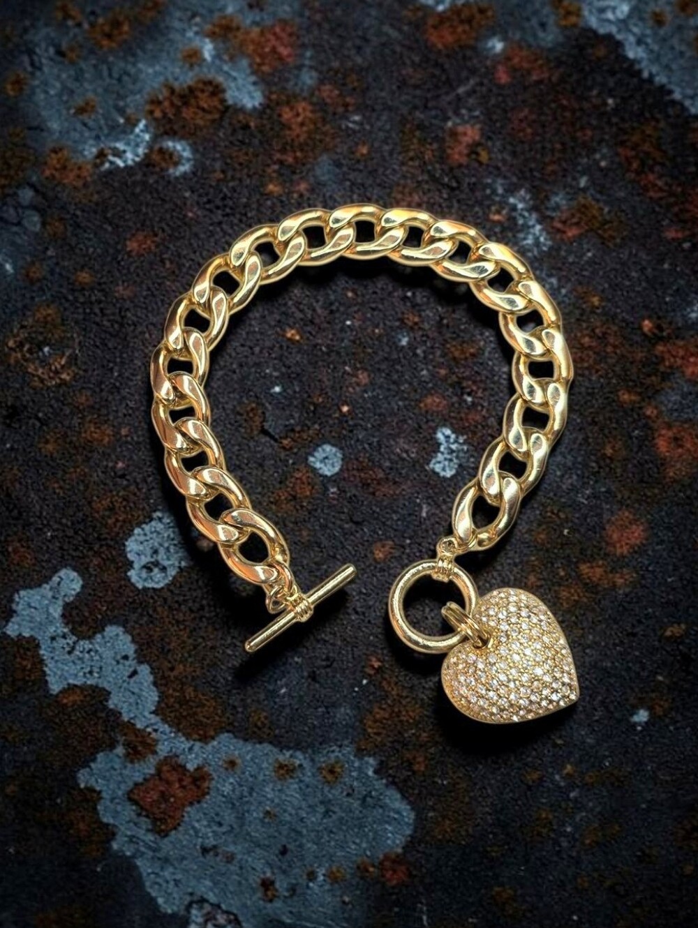 Gold Link Chain Bracelet w/Pave Crystals Heart Charm